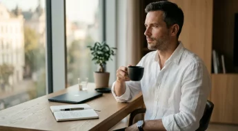 Homme de 40 ans fatigué, lumière naturelle, bureau minimaliste