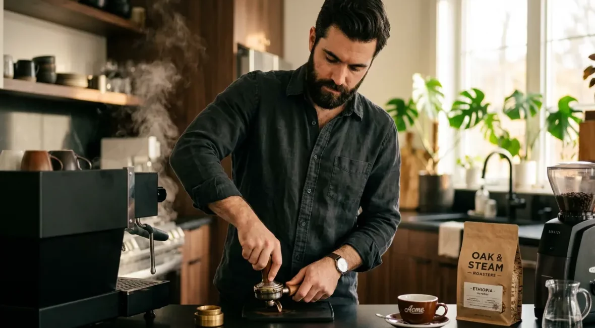 Homme hipster préparant un espresso avec porte-filtre