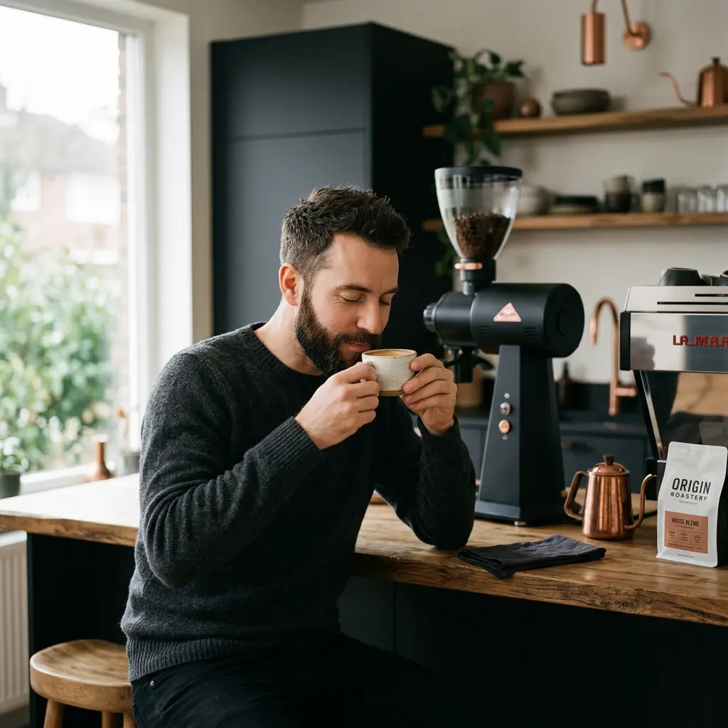 Homme dégustant un espresso maison le matin