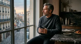 Homme quarantaine pensif café matin appartement parisien lumière naturelle