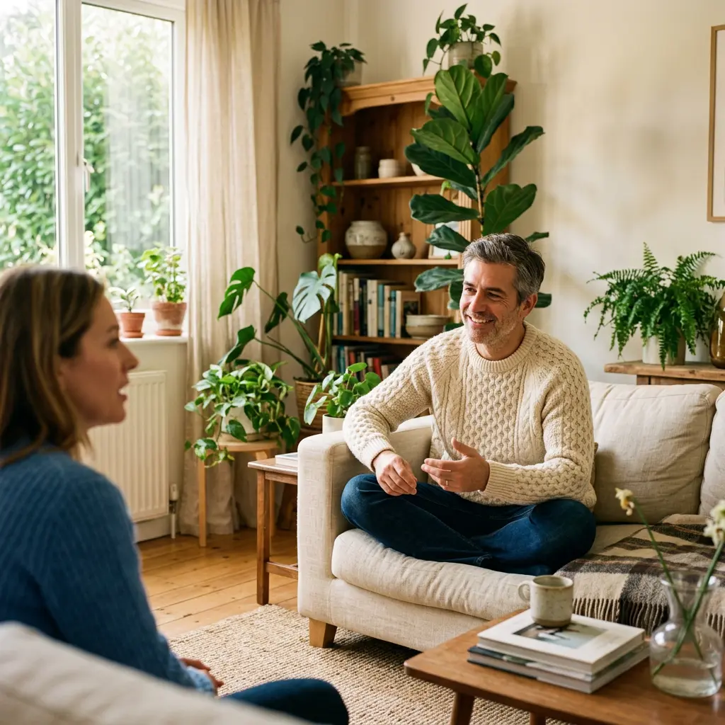 Homme quarantaine discussion partenaire salon lumineux moment intime