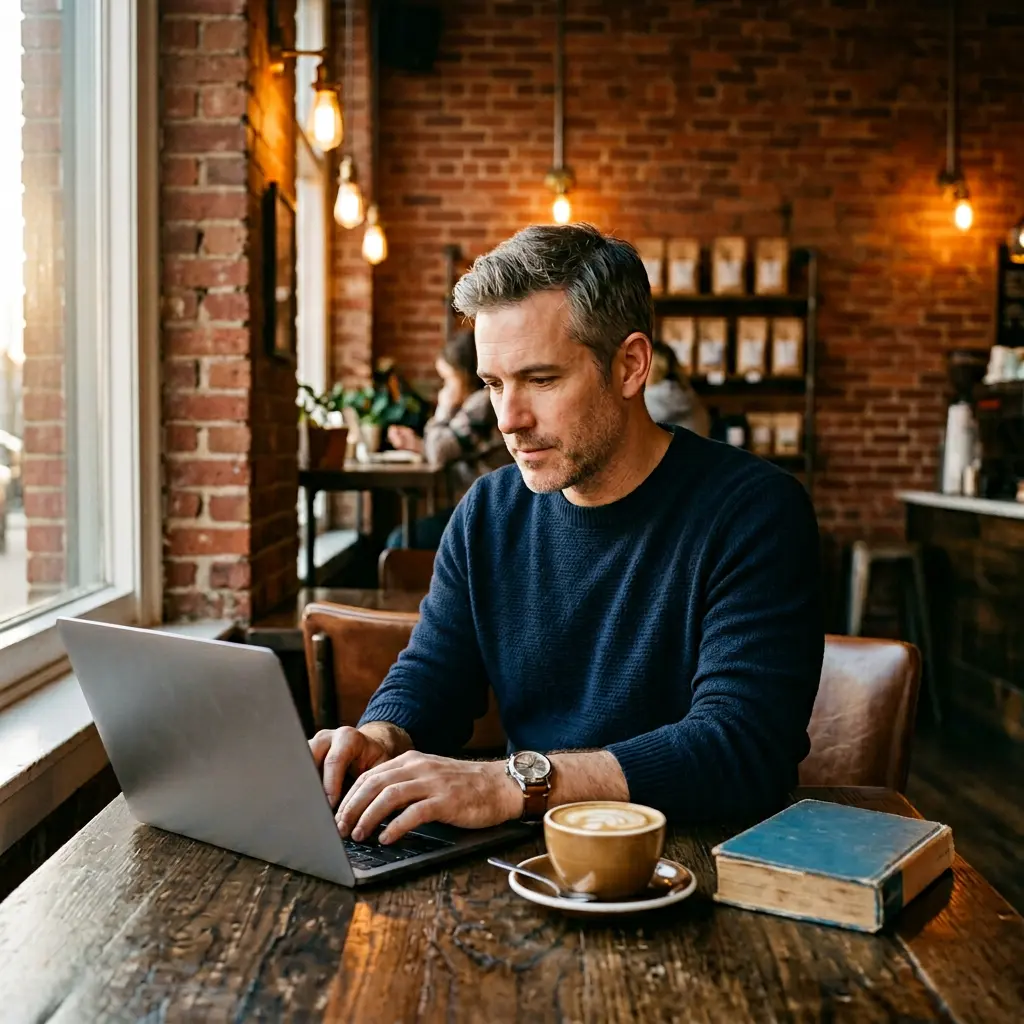 Homme quarantaine ordinateur café artisan projet entrepreneurial concentré