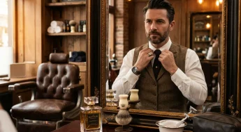 Homme élégant se parfumant dans un décor vintage premium