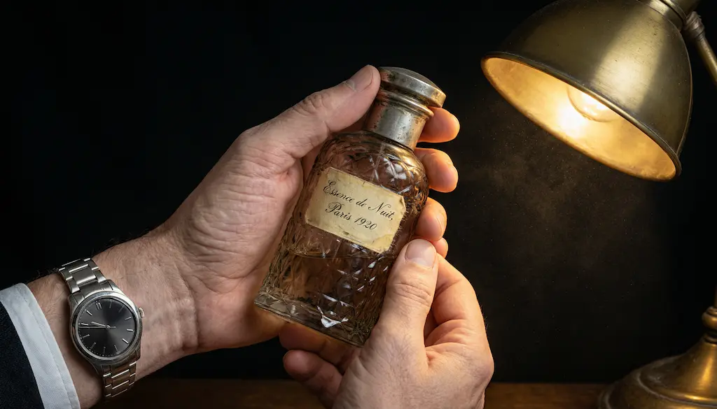 Collectionneur inspectant un ancien flacon de parfum pour homme