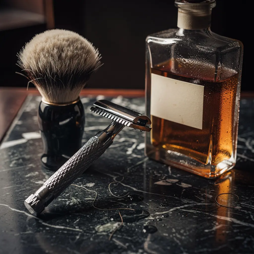 Accessoires de rasage traditionnel et parfum dans un barbershop