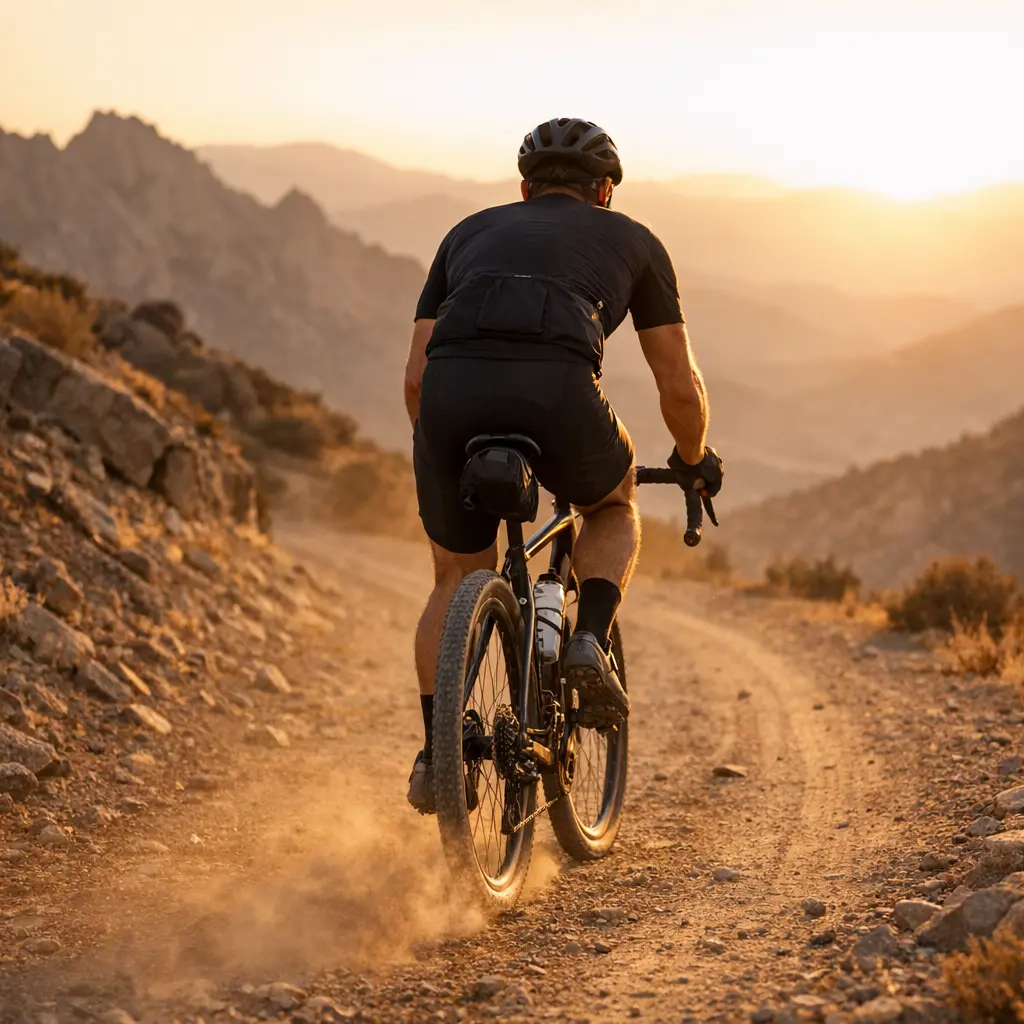 Cycliste gravel sentier montagne lumière dorée vue arrière