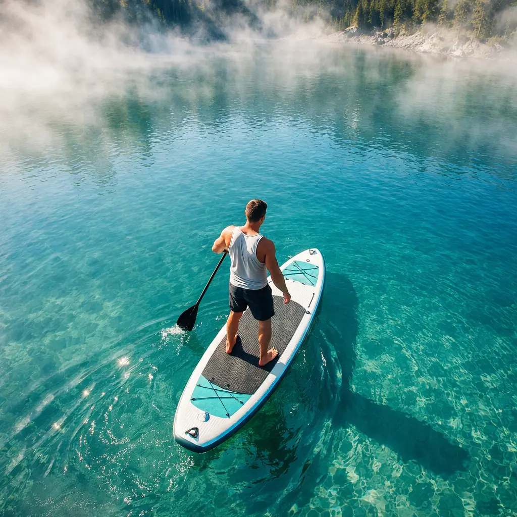 Stand-up paddle lac alpin lumière du matin homme sportif