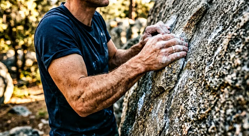 Homme escalade bloc granit extérieur prise de main gros plan