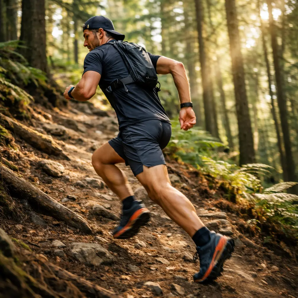 Homme trail running forêt sentier pentu flou de mouvement