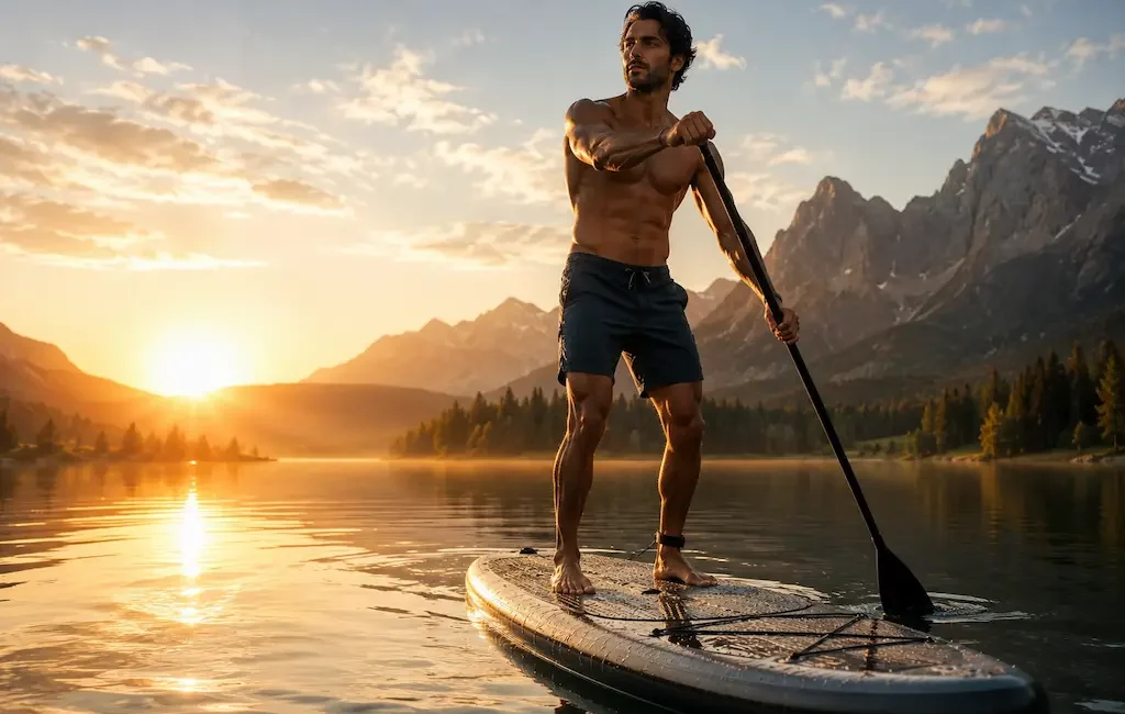 Homme actif en paddle sur lac de montagne au lever du soleil