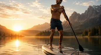 Homme actif en paddle sur lac de montagne au lever du soleil