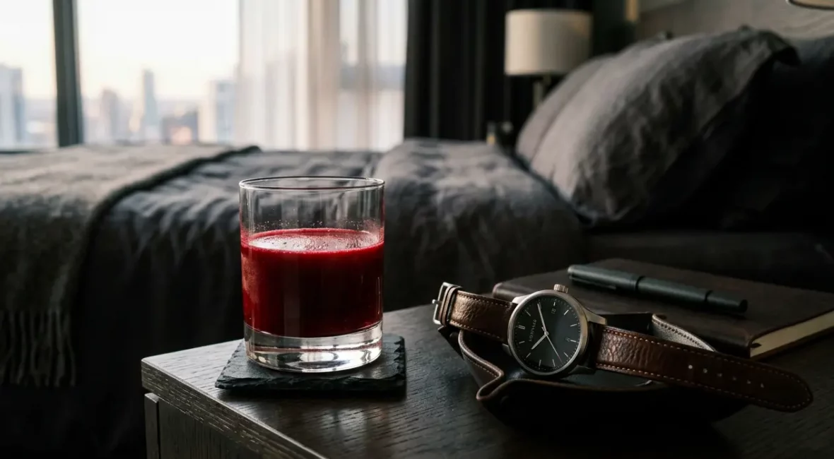 Verre de jus de betterave bio sur une table de nuit.