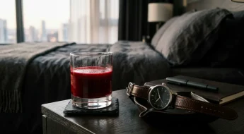 Verre de jus de betterave bio sur une table de nuit.