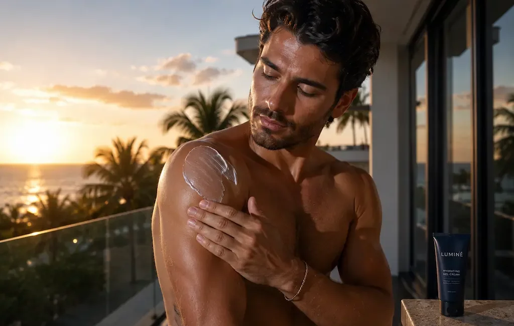 Homme appliquant un soin après-soleil sur l'épaule au coucher du soleil