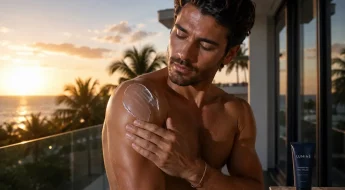 Homme appliquant un soin après-soleil sur l'épaule au coucher du soleil