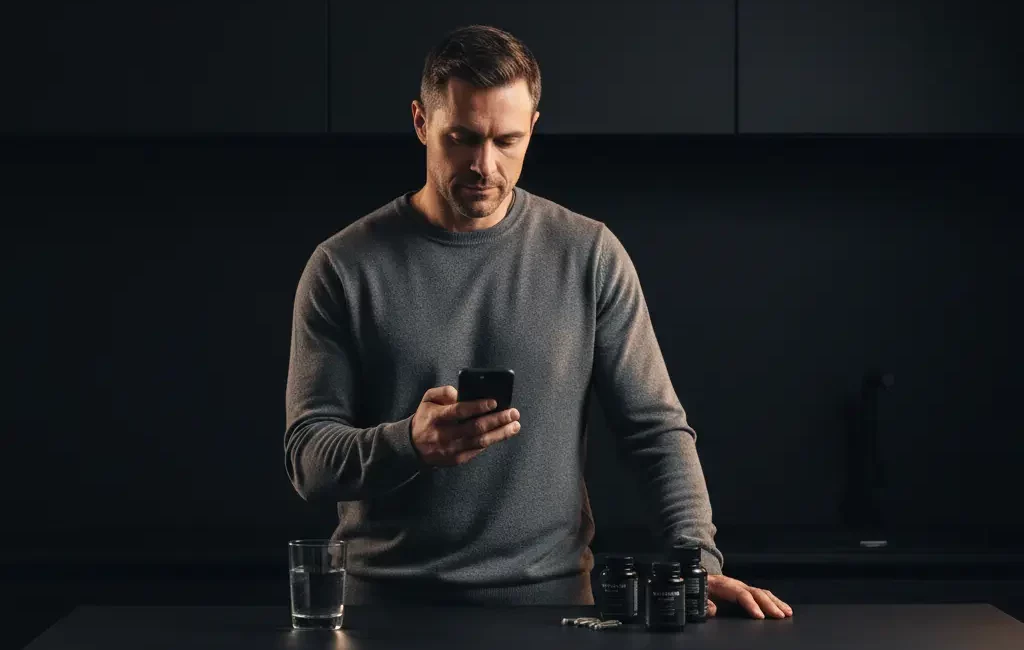 Homme 40 ans consultant ses données de biohacking
