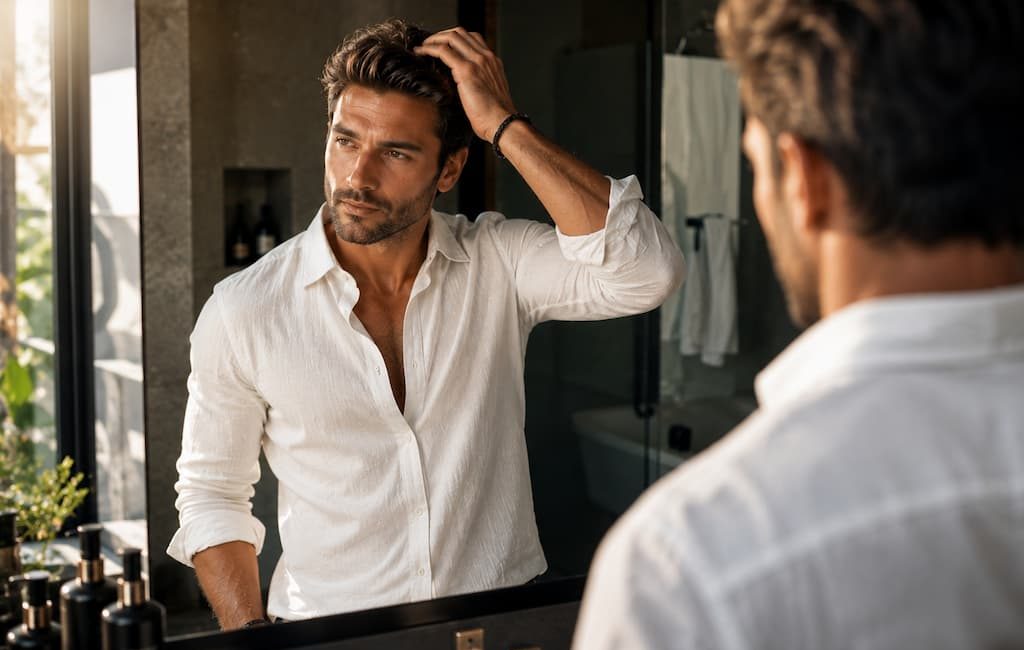 Homme coiffant ses cheveux avec volume dans un miroir