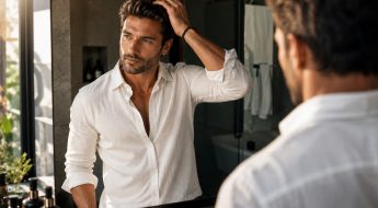 Homme coiffant ses cheveux avec volume dans un miroir