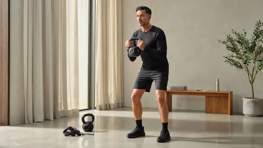 Homme mature s'entraînant avec kettlebell dans un cadre premium
