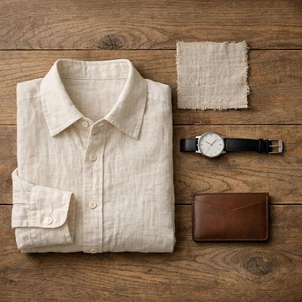 Chemise lin écru posée avec montre et accessoires cuir