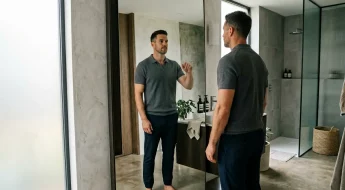 Homme athlétique devant un miroir, lumière naturelle premium.