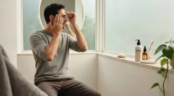 Homme appliquant une crème solaire visage dans une salle de bain lumineuse