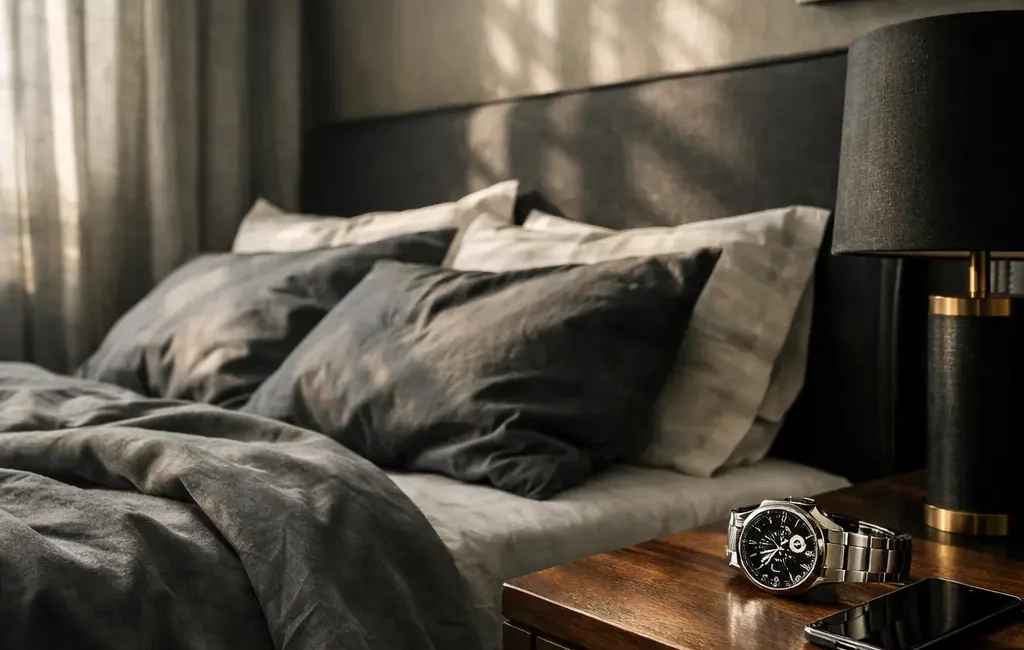 Chambre d'homme élégante au petit matin, ambiance réveil et santé.