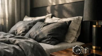 Chambre d'homme élégante au petit matin, ambiance réveil et santé.