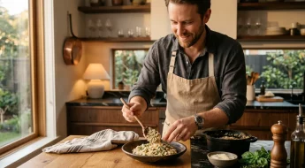 Homme dressant un risotto dans une cuisine moderne