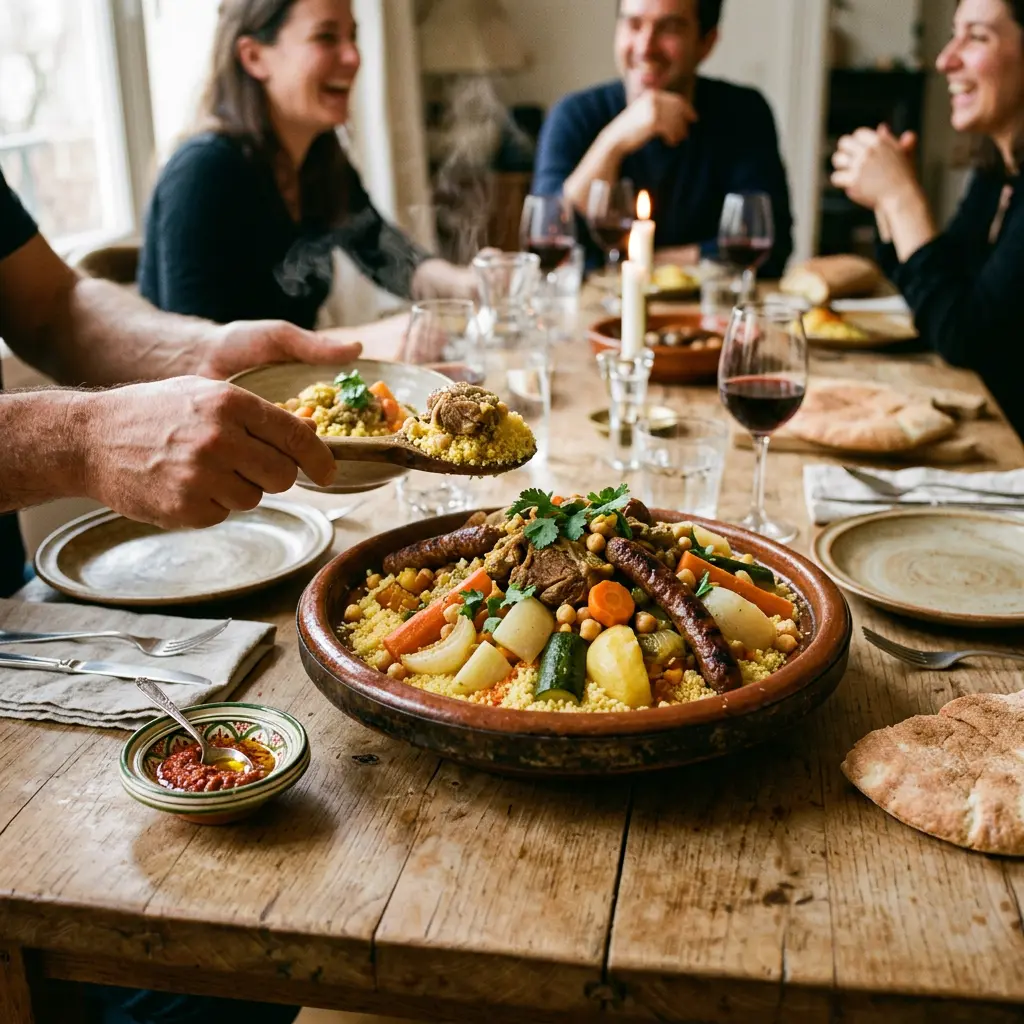 Plat de couscous marocain traditionnel servi à table
