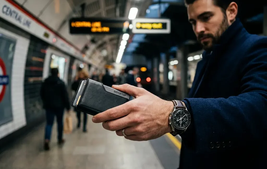 Homme élégant tenant un portefeuille RFID minimaliste en ville.