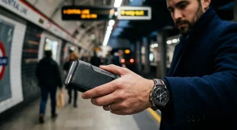 Homme élégant tenant un portefeuille RFID minimaliste en ville.