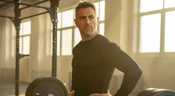Homme de 45 ans en salle de sport, posture confiante