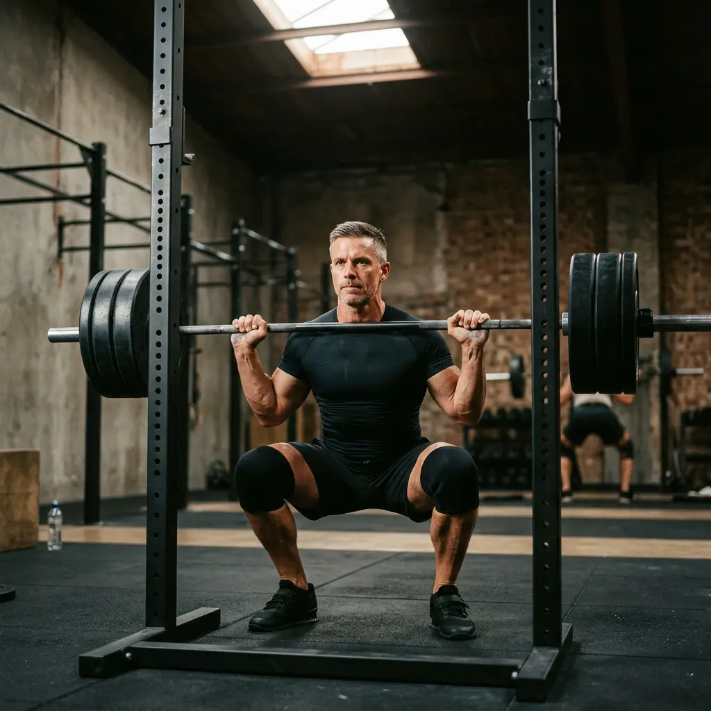 Homme 45 ans soulevant une barre en salle premium