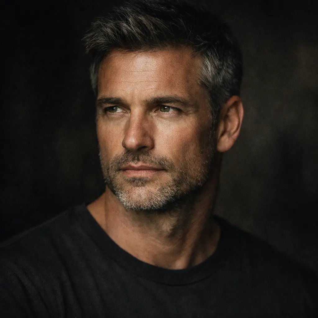 Portrait homme 45 ans, regard déterminé, style premium