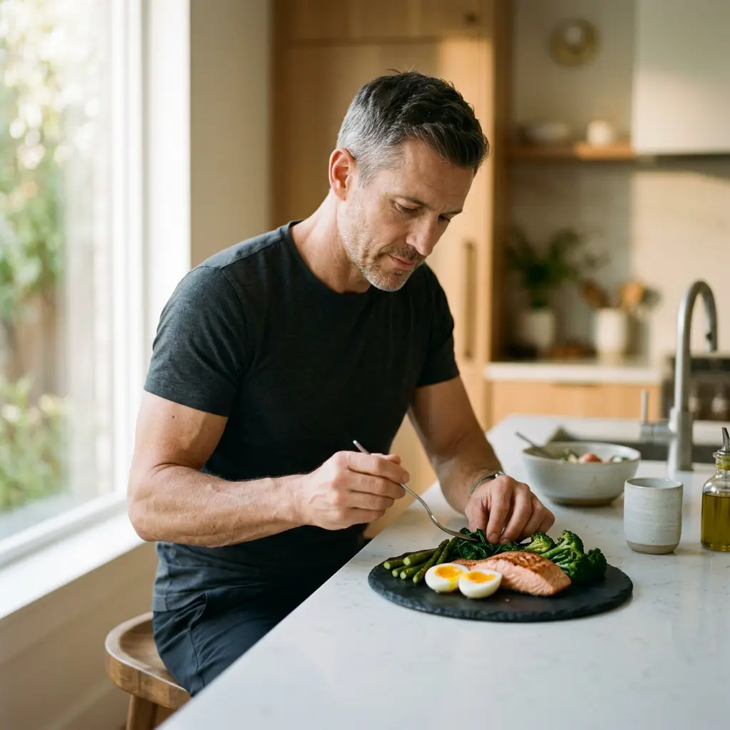 Homme sportif 45 ans préparant repas protéiné après entraînement