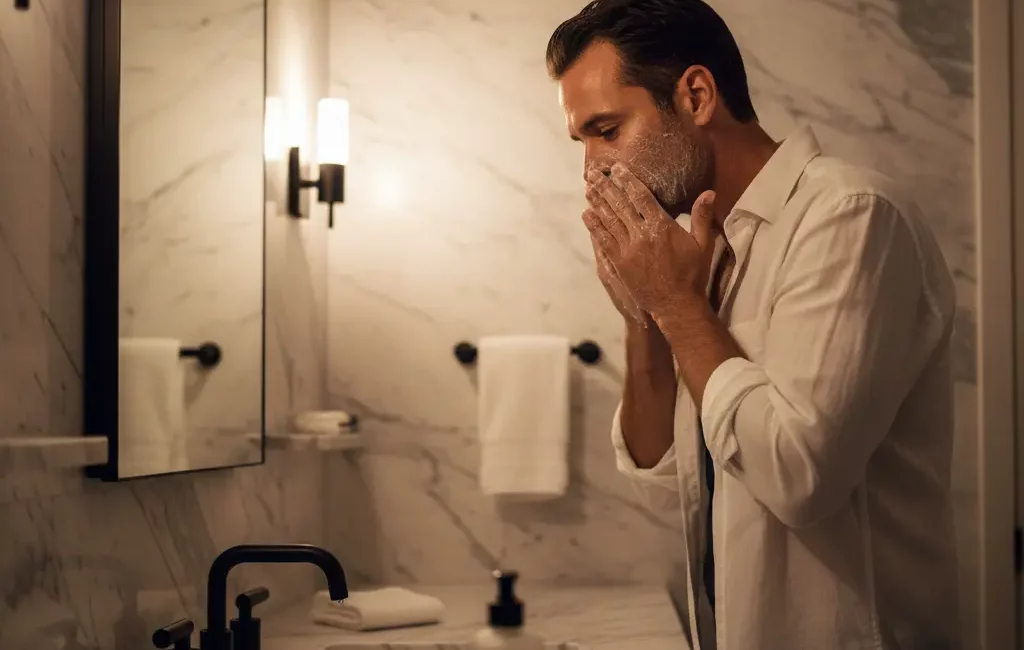 Homme appliquant un gel nettoyant dans salle de bain minimaliste nocturne