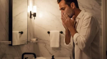 Homme appliquant un gel nettoyant dans salle de bain minimaliste nocturne