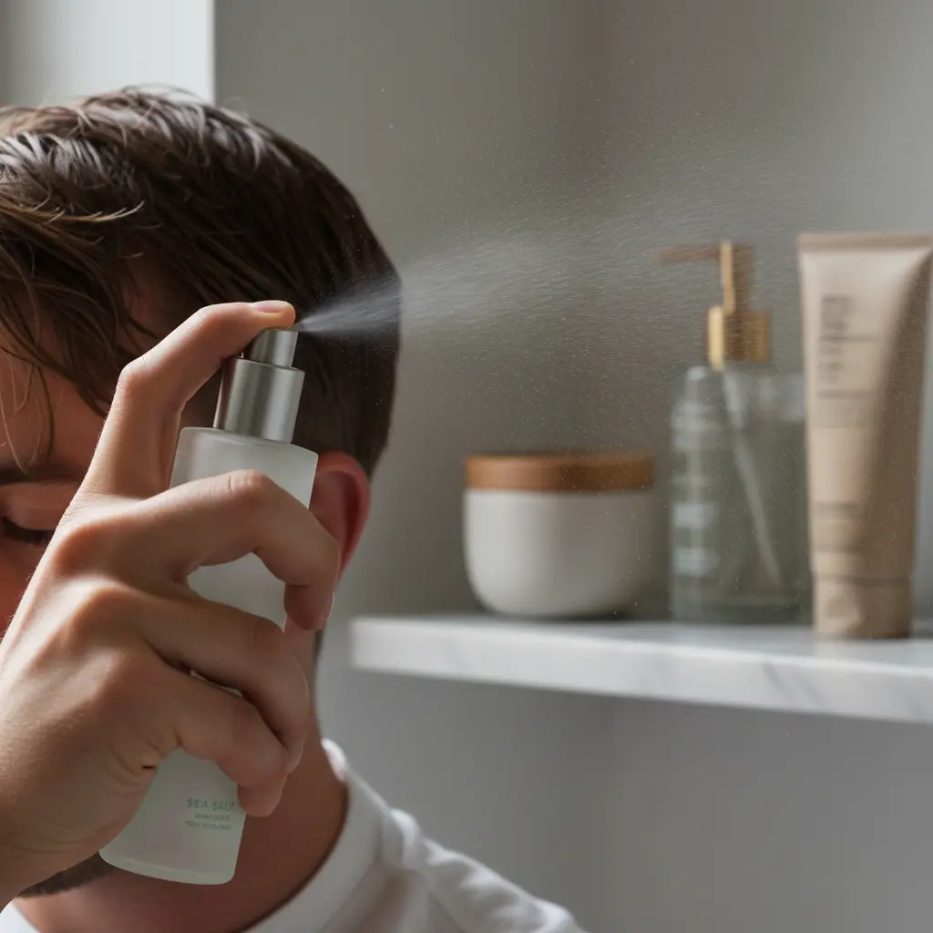 Application spray sea salt cheveux humides homme premium