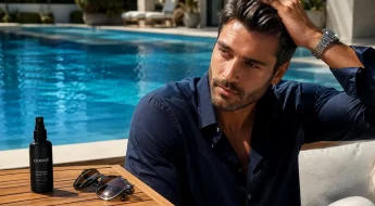 Soin solaire capillaire pour homme au bord d'une piscine