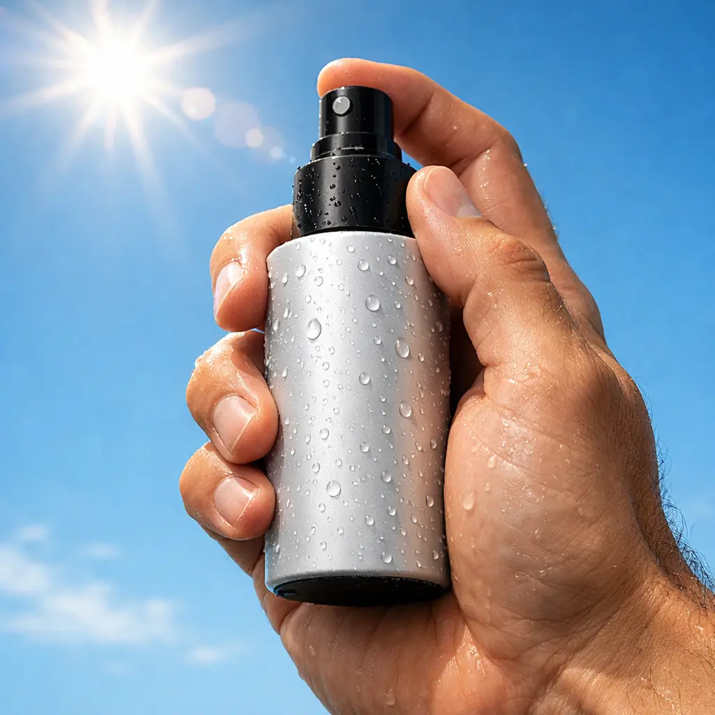 Flacon de spray protecteur UV sur fond de ciel bleu.