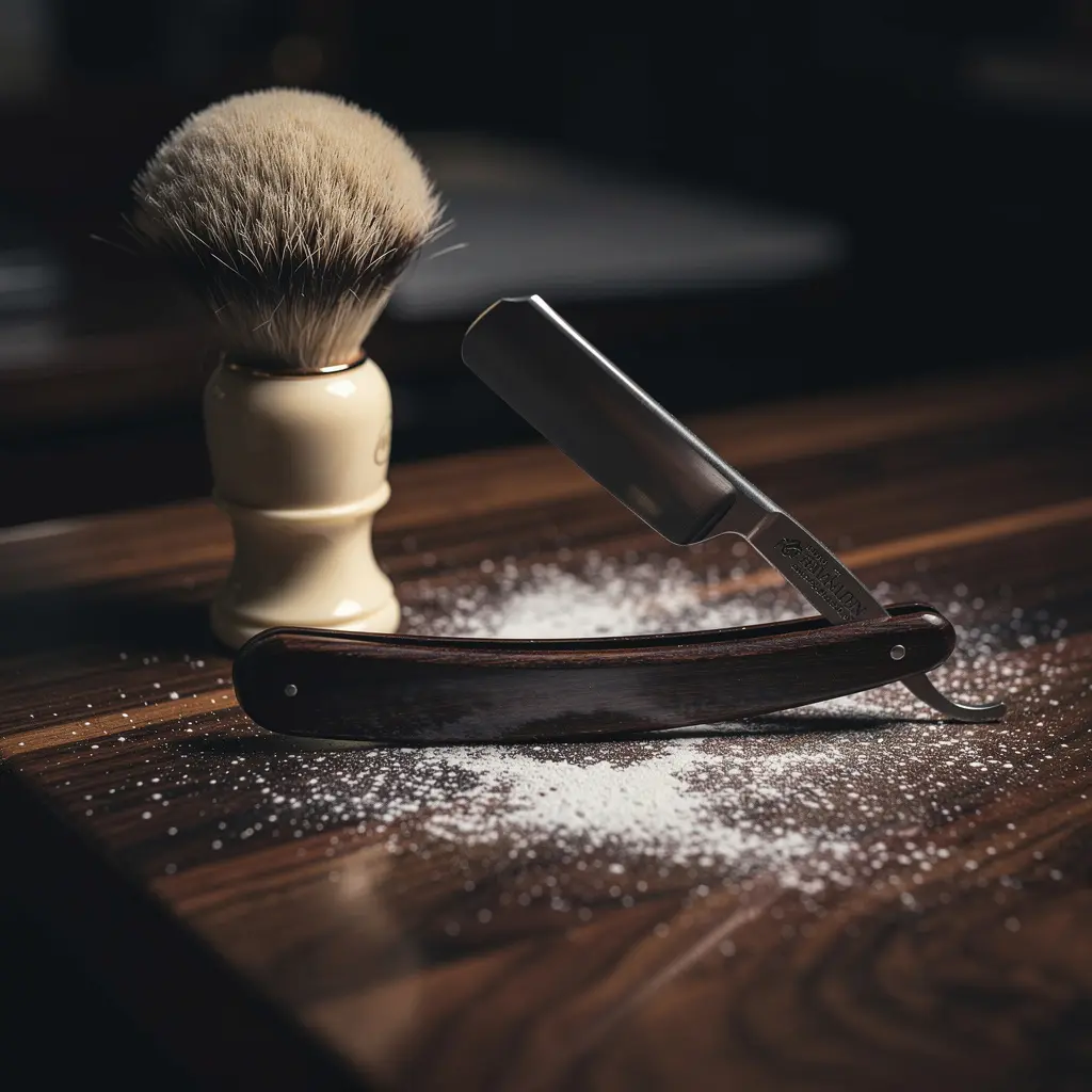 Outils de barbier traditionnel sur une tablette en bois sombre