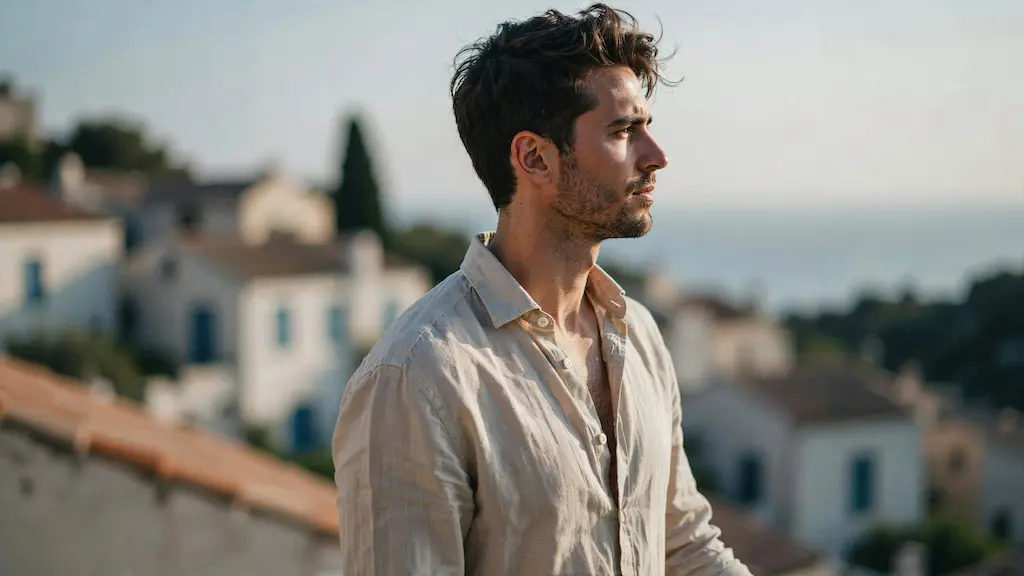 Homme élégant en chemise de lin sous le soleil estival.