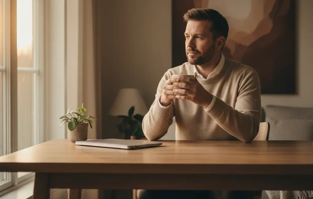 Homme concentré au bureau sans smartphone, lumière naturelle