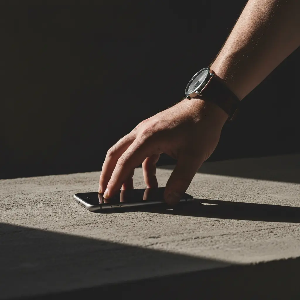 Main d'homme posant son téléphone face contre table