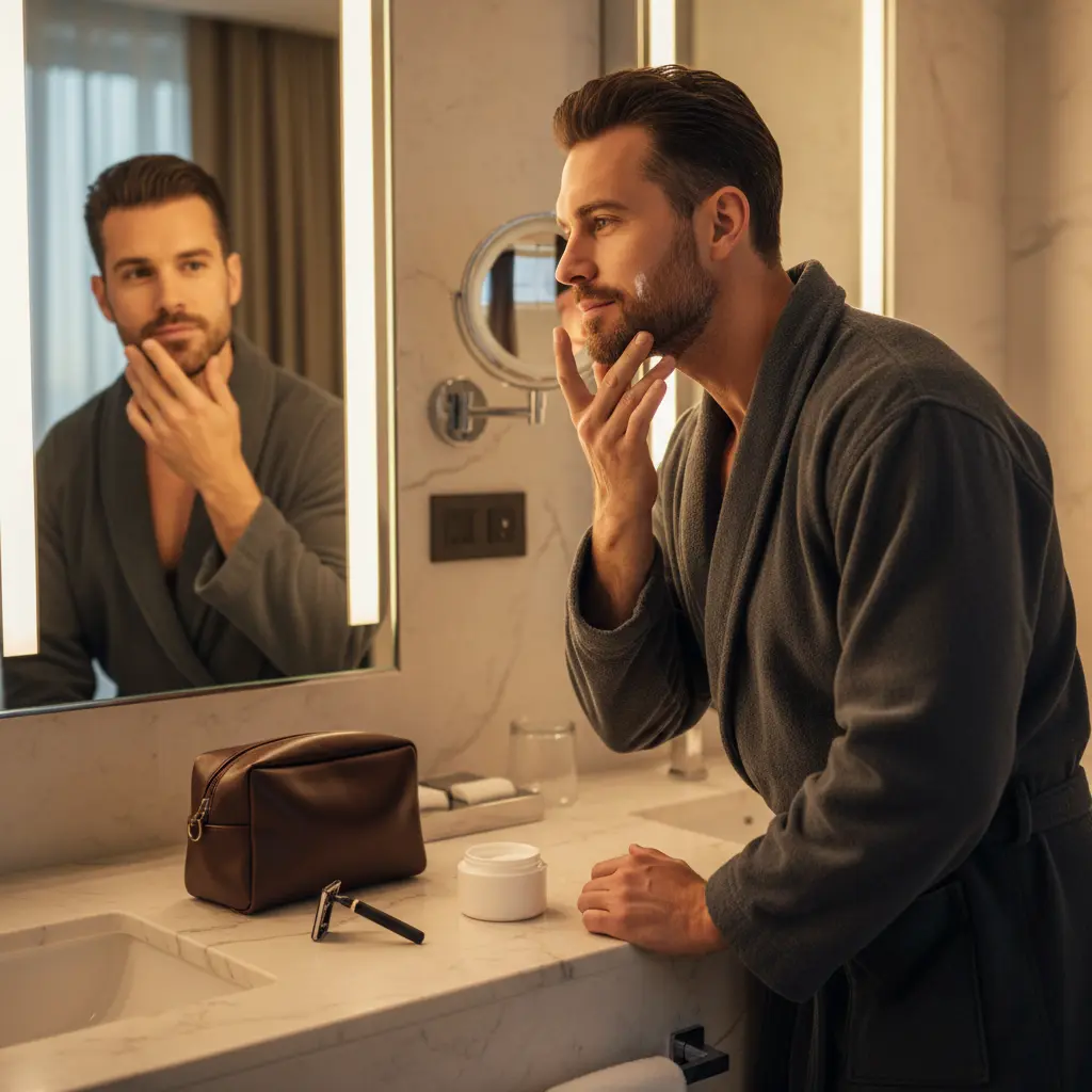 Homme appliquant un soin visage en voyage à l'hôtel