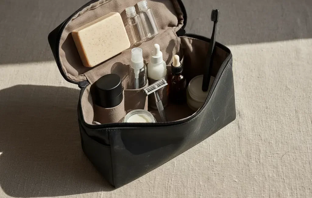Trousse de toilette homme de voyage ouverte avec soins essentiels