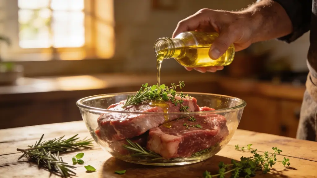 Préparation d'une marinade maison avec huile d'olive et herbes fraîches pour le barbecue
