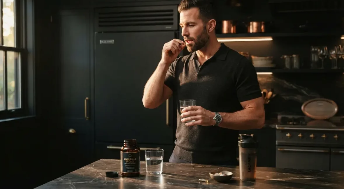 Homme sportif prenant ses compléments alimentaires dans une cuisine premium