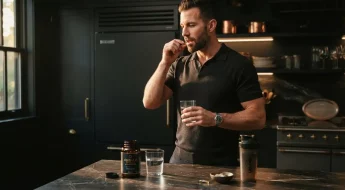Homme sportif prenant ses compléments alimentaires dans une cuisine premium